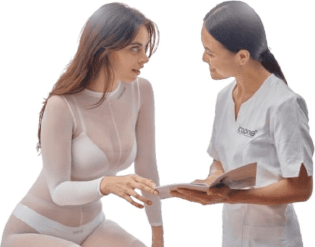 Icoone® consultation with client in compression body suit